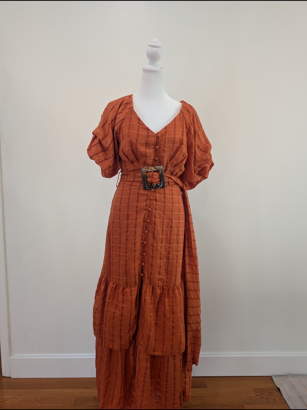Rust Tiered Button-Front Maxi Dress with Wide Buckle Belt